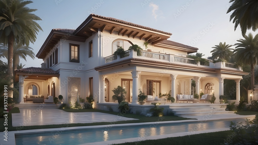 Obraz premium Architectural exterior design of a house front elevation of a palace with a crystal clear swimming pool filled with water 