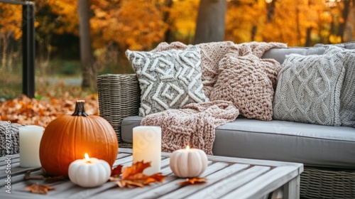Cozy autumn patio with pumpkins, candles and blankets on a wicker sofa.