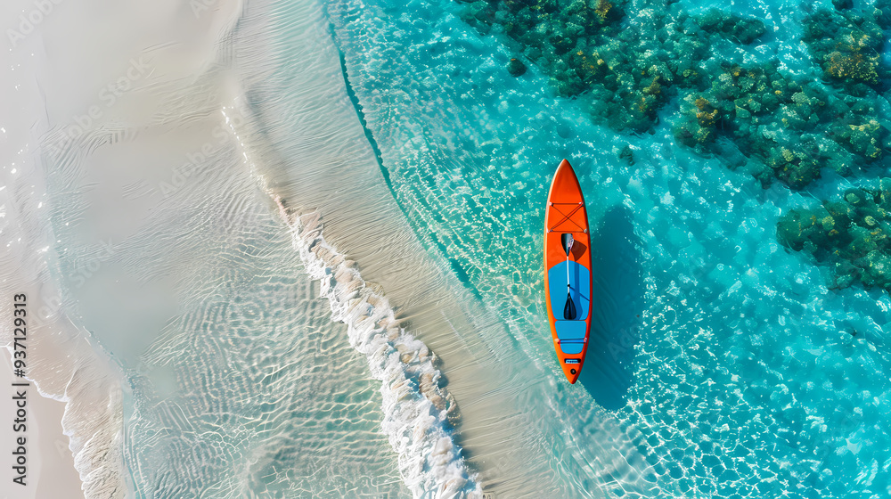 Fototapeta premium An orange and blue paddleboard on the beach, a bird's eye view, high definition photography, clean white sand, clear turquoise sea water, waves lapping at shore edge, and a sense of calmness.