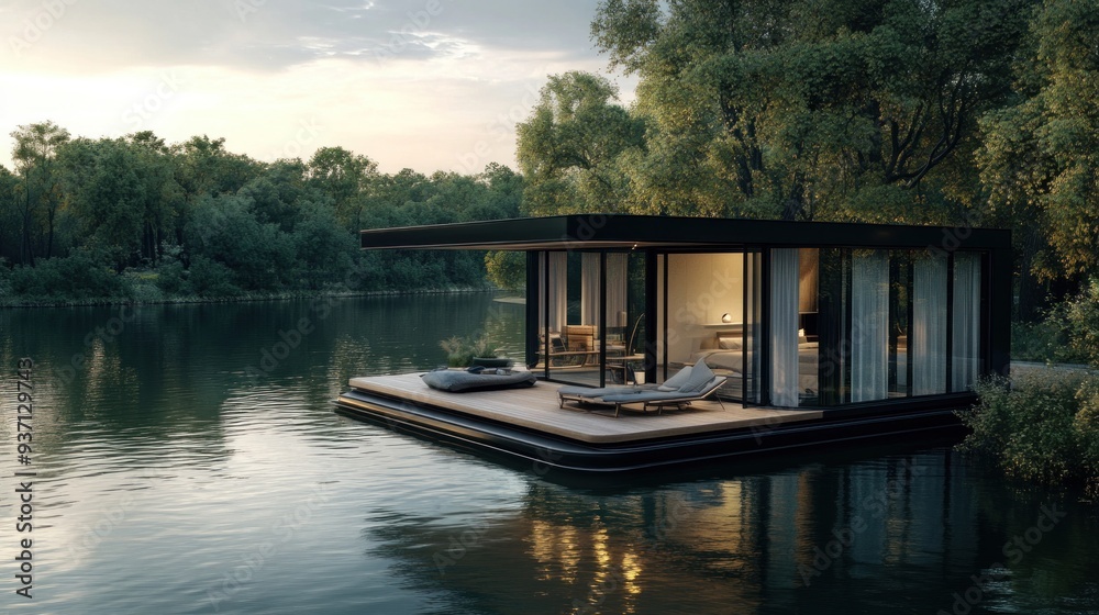 Fototapeta premium Modern glass house on a lake with sunset light.
