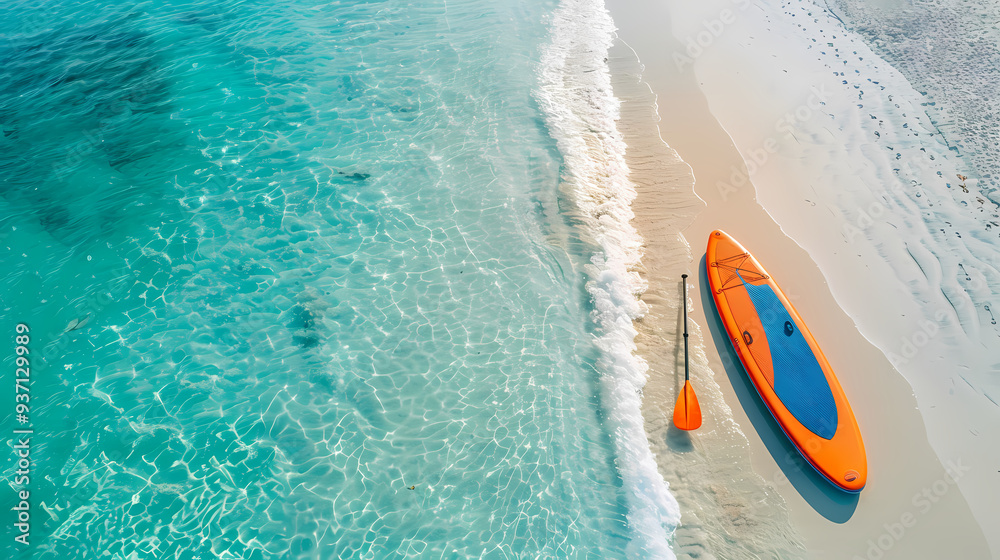 Obraz premium An orange and blue paddleboard on the beach, a bird's eye view, high definition photography, clean white sand, clear turquoise sea water, waves lapping at shore edge, and a sense of calmness.