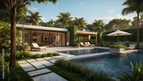 Wallpaper Mural Architectural exterior design of lush green backyard of a palace with a crystal clear swimming pool filled with water of a house  Torontodigital.ca