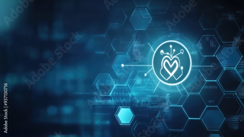 Digital Heart Icon Connected to Hexagonal Network