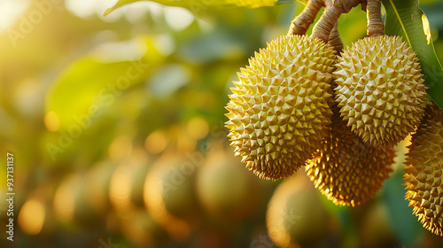 ripe durian fruit hanging on a tree. The durian's spiky, green exterior contrasts with the lush green foliage, highlighting nature's intriguing beauty and complexity