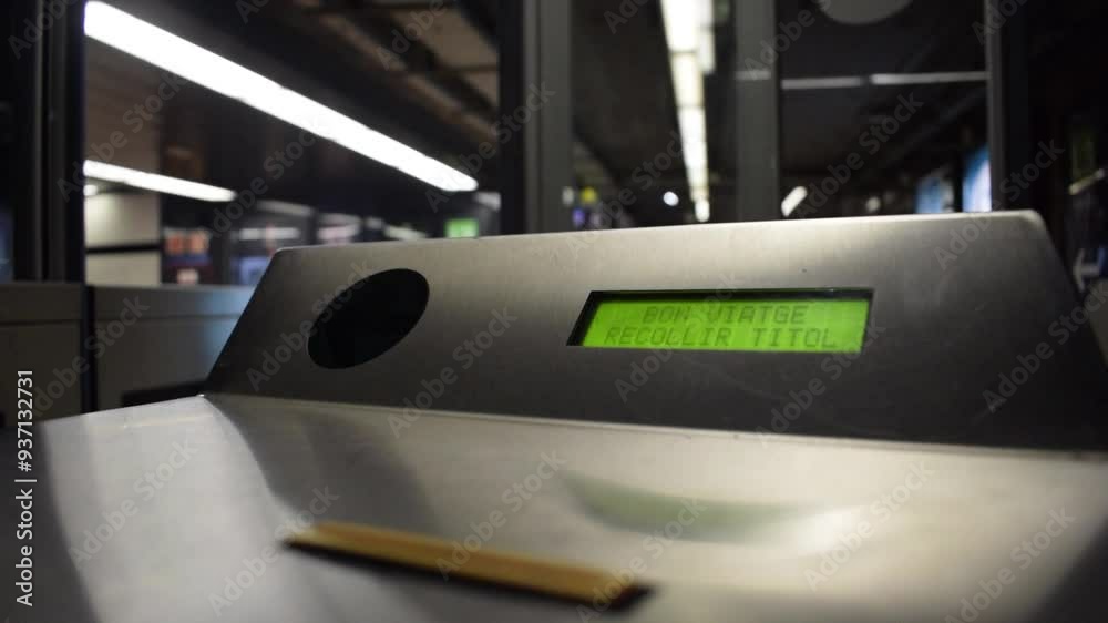 billete de metro en tarjeta de cartón siendo validada por un torno y recogida por una mano mientras las puertas se abren
