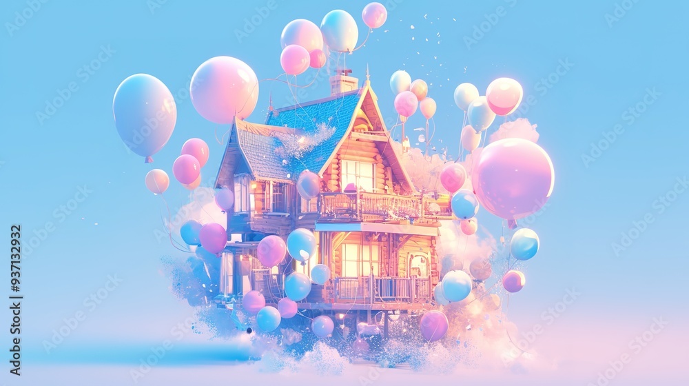 wooden house and blue purple pink balloons for property concept 3d rendering wooden house and blue purple pink balloons for property concept 3d rendering