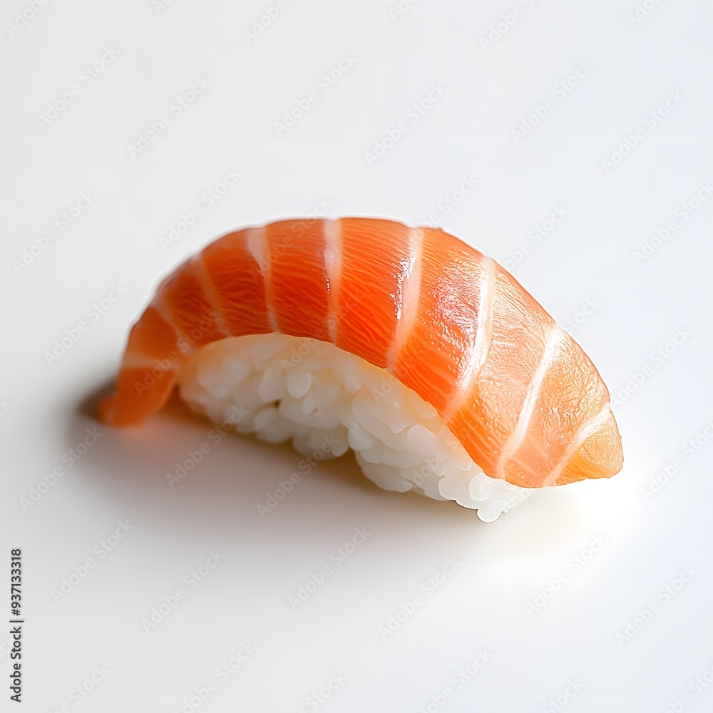 Single Piece of Salmon Sushi on White Plate Single Piece of Salmon Sushi on White Plate