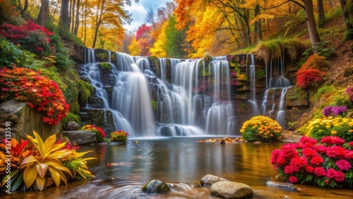 Autumn waterfall in a forest with colorful flowers , Autumn, waterfall, forest, colorful, flowers, nature, scenic, foliage