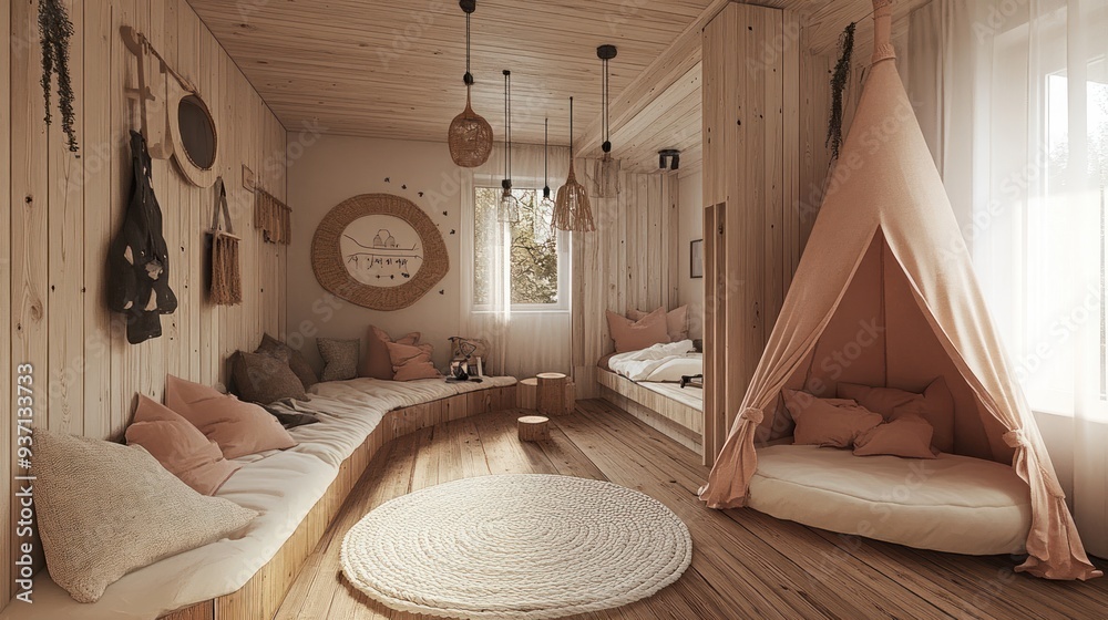 Cozy bedroom with a wooden floor, a curved sofa, and a teepee tent. Cozy bedroom with a wooden floor, a curved sofa, and a teepee tent.