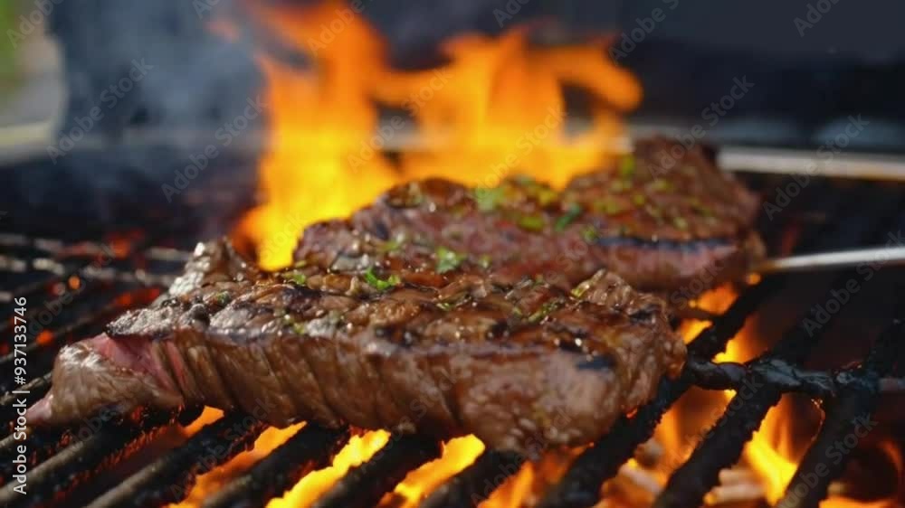 Beef barbecue being flipped on the grill.High quality HD 4K video clips Beef barbecue being flipped on the grill.High quality HD 4K video clips