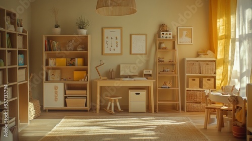 A light and airy playroom with a desk  bookshelves  and a rug.