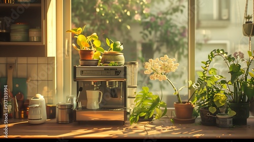 a coffemaker on a wood table and plants near the window photo