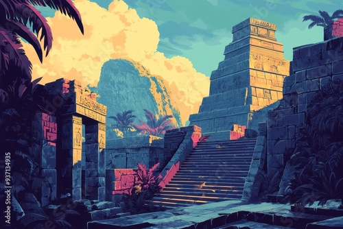 Ancient Stone Ruins with Palm Trees and a Cloudy Sky photo
