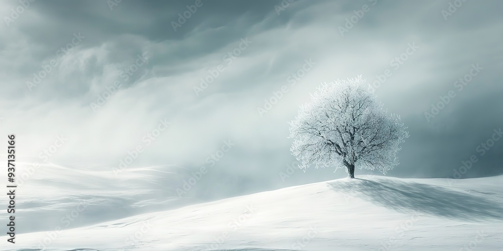 A dramatic landscape engulfed by a snow squall. The foreground shows a lone, snow-covered tree standing resiliently against the harsh winter conditions A dramatic landscape engulfed by a snow squall. The foreground shows a lone, snow-covered tree standing resiliently against the harsh winter conditions