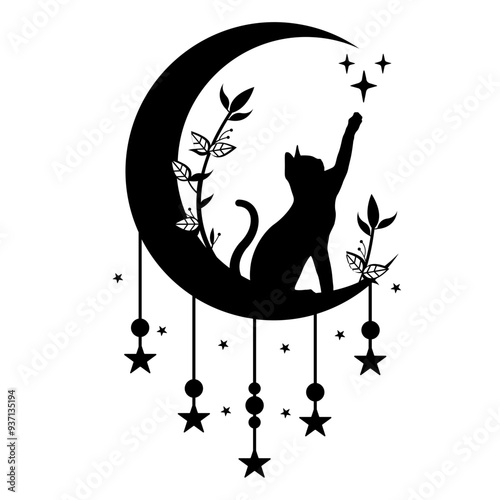 Cat Moon | Cat in the Moon | Celestial Car | Midnight Cat | Magical Moon | Moon Plant | Cat | Celestial Animal | Original Illustration | Vector and Clipart | Cutfile and Stencil