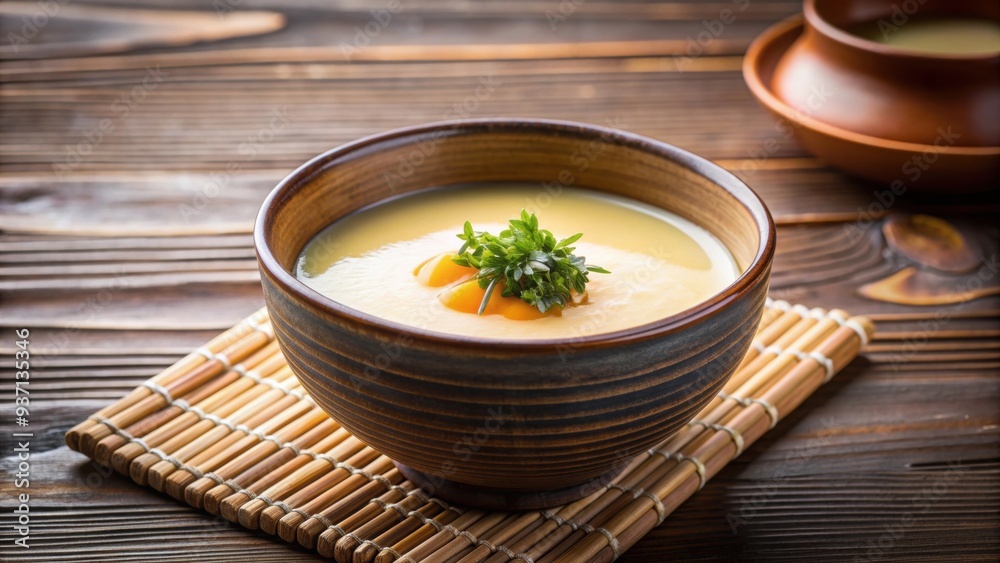 Traditional Japanese steamed egg dish served in a tea bowl, Japanese cuisine, chawanmushi, egg custard, savory Traditional Japanese steamed egg dish served in a tea bowl, Japanese cuisine, chawanmushi, egg custard, savory