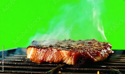Chroma Green Screen Close-Up of Grilling Beef Steak