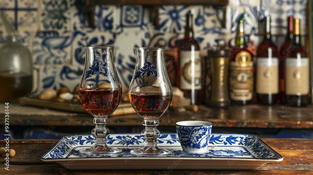 Fototapeta premium Traditional Portuguese Ceramic Tray Used to Serve Ginja Liquor