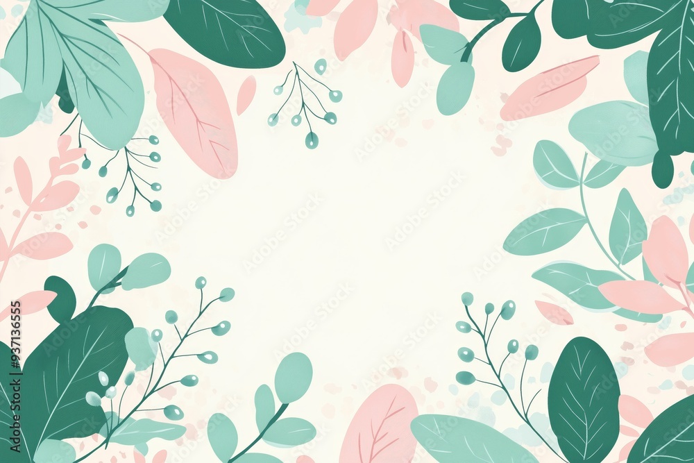 Fototapeta premium A lively green and pink spring wallpaper, featuring cartoon leaf patterns scattered on both sides, and a large blank space in the center for greetings