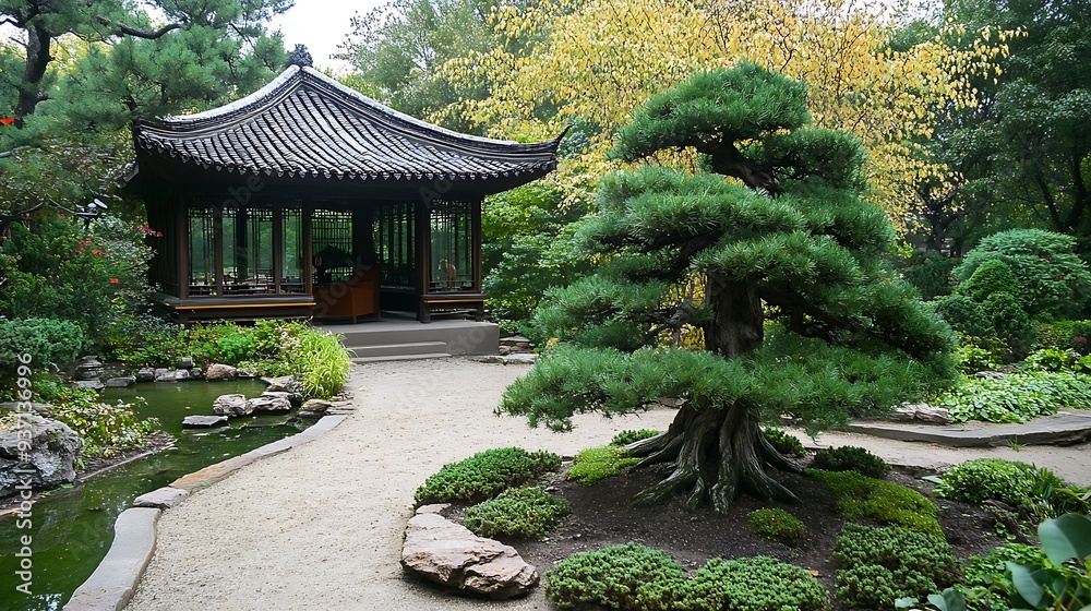 Obraz premium Tranquil Japanese Garden with a Gazebo