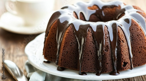 Bundt cake with a rich chocolate glaze, showcasing its glossy texture and intricate details, perfect for highlighting indulgent desserts or baking themes photo