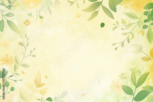Soft yellow and green spring wallpaper, with playful leaves and flower patterns scattered around, and a large blank space in the center for text