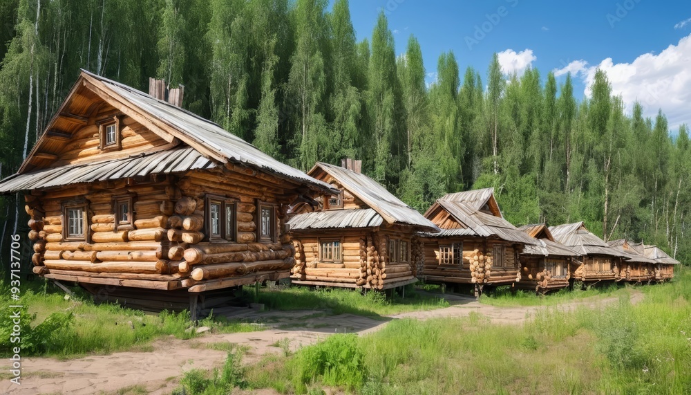 Enchanting log cabins nestled in a serene forest setting Enchanting log cabins nestled in a serene forest setting