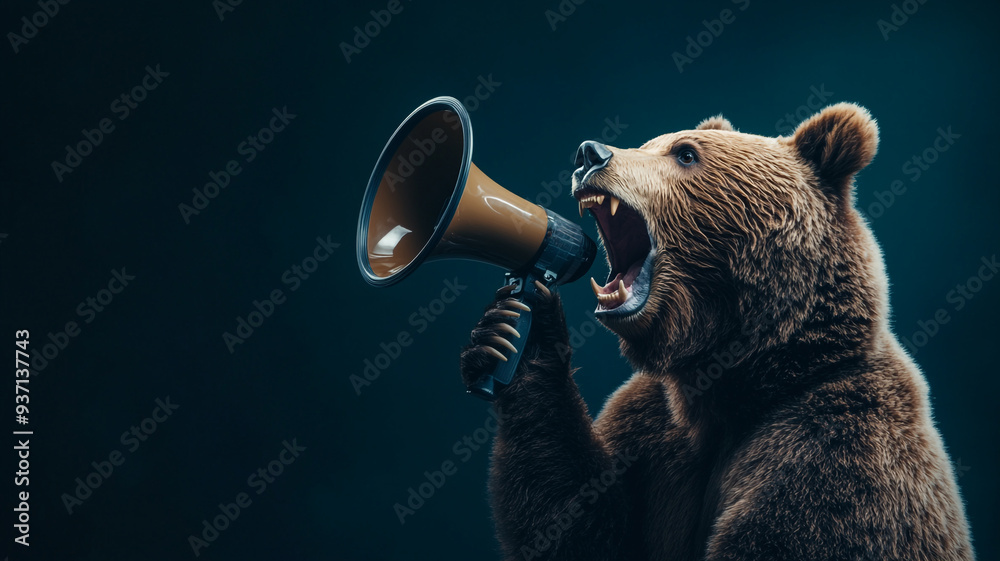 Fototapeta premium A bear passionately addresses a captivated audience with a megaphone, creating an unexpected moment of wild charisma in a dimly lit setting