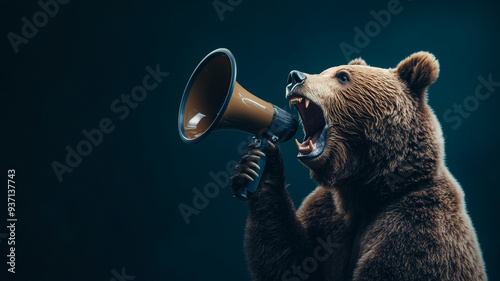 A bear passionately addresses a captivated audience with a megaphone, creating an unexpected moment of wild charisma in a dimly lit setting