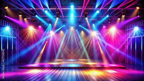 Abstract light display in empty night club with bright beams of light on stage, abstract, light display