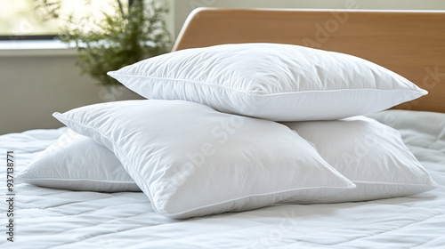 soft pillows arranged neatly on a bed, with a bright and cozy atmosphere, symbolizing comfort, relaxation, and tranquility