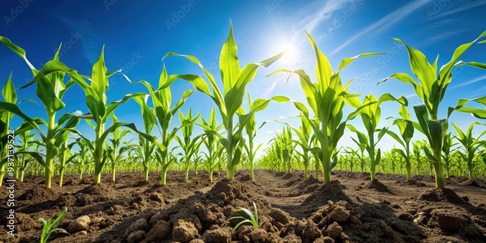 Corn sprouts seen from below, agriculture, growth, farming, plants, green, nature, agriculture, leaves, stems, development Corn sprouts seen from below, agriculture, growth, farming, plants, green, nature, agriculture, leaves, stems, development