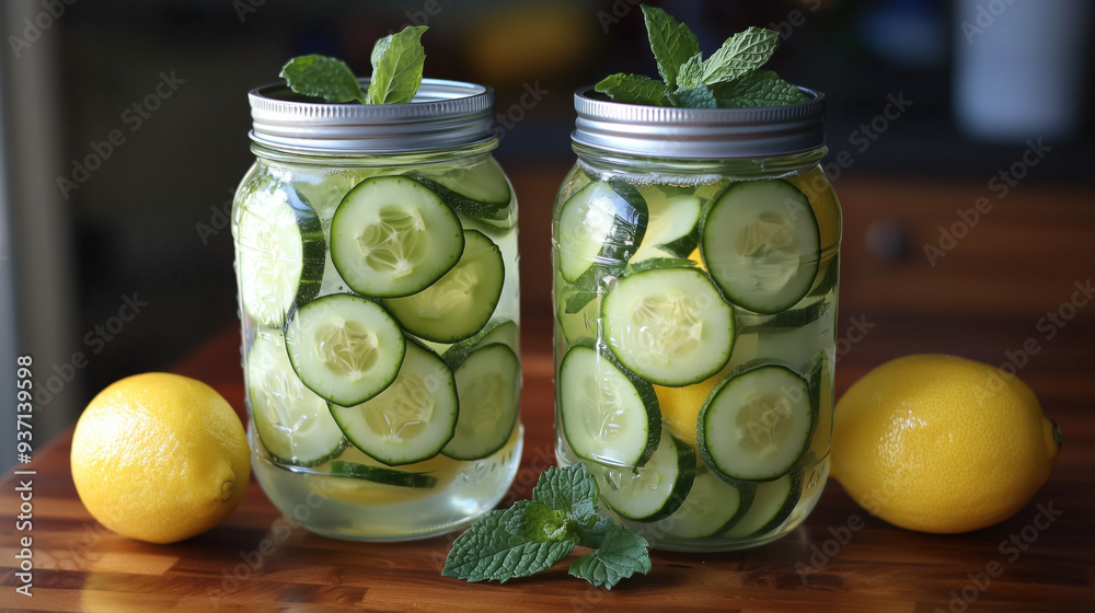 Cucumber and lemon water, two jars of water infused with fresh slices of cucumber and lemon 