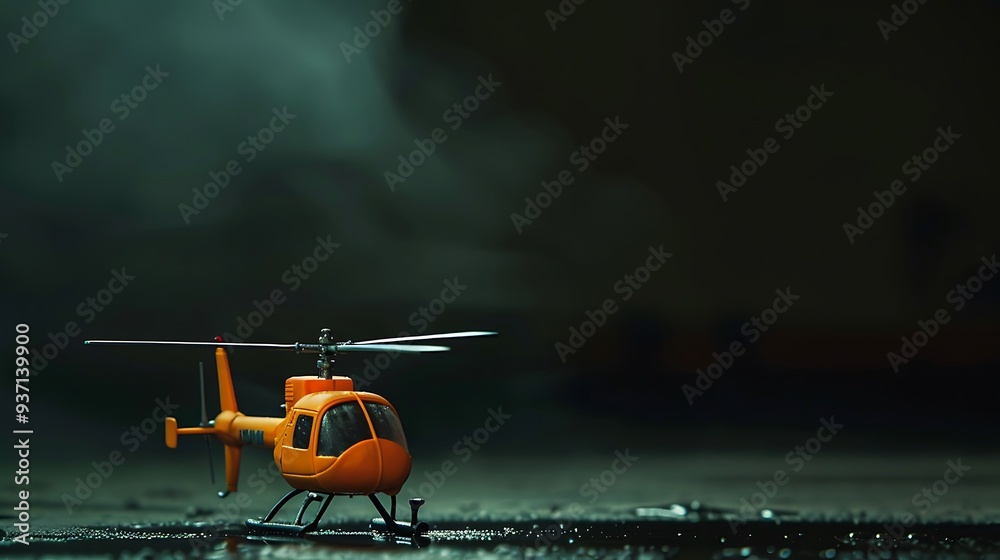 On a dim backdrop an orange toy helicopter is positioned On a dim backdrop an orange toy helicopter is positioned