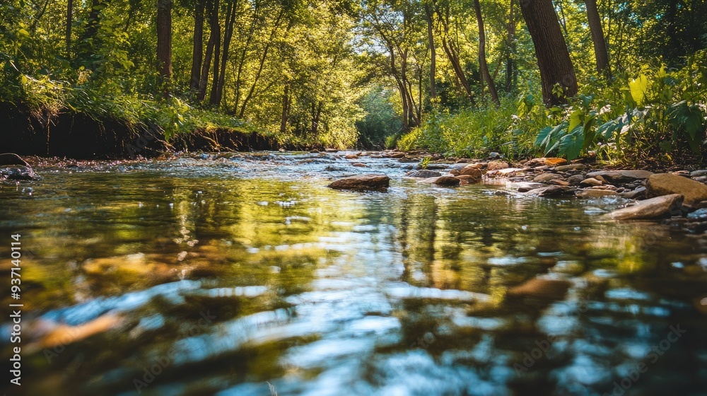 Fototapeta premium Clear water stream surrounded by trees, with room for copy space.