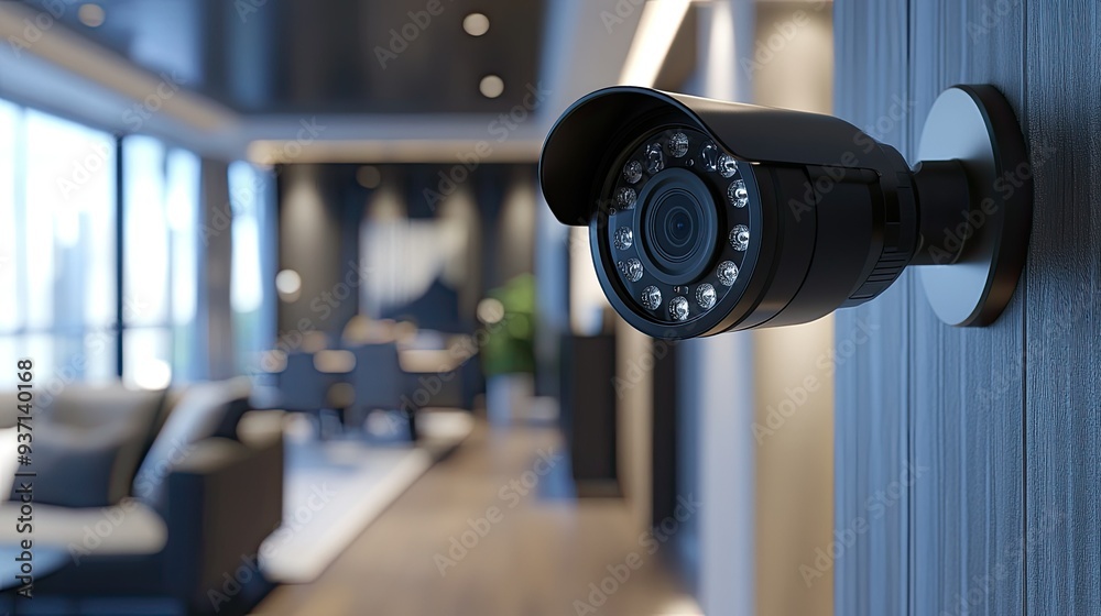 Close-up of a cutting-edge home security camera, showcasing its modern design and high-tech surveillance functions.