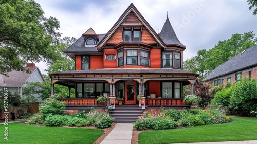 A red brick Victorian house with a wraparound porch and a lush green lawn.