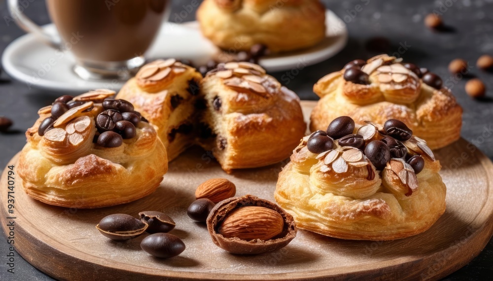 Delicious pastries with almonds and chocolate perfect for a coffee break Delicious pastries with almonds and chocolate perfect for a coffee break