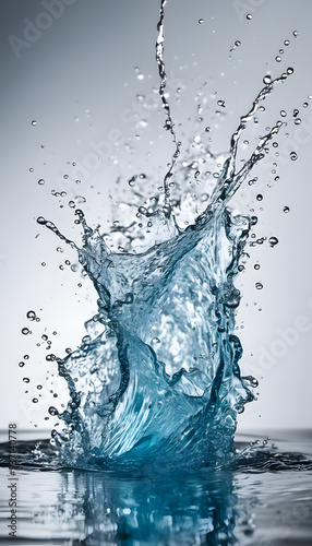 A dynamic splash of water captured in mid-air, showcasing intricate droplets and waves. The background is a soft gradient, enhancing the clarity and beauty of the water.