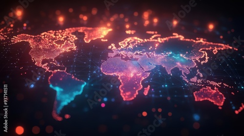 Holographic representation of global cryptocurrency markets, glowing data points over a world map, dark background, vibrant colors