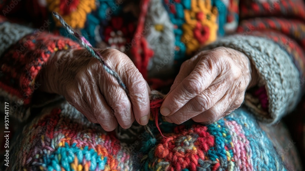 Close-up of elderly hands crafting colorful yarn, showcasing the beauty and artistry of traditional knitting techniques. Close-up of elderly hands crafting colorful yarn, showcasing the beauty and artistry of traditional knitting techniques.