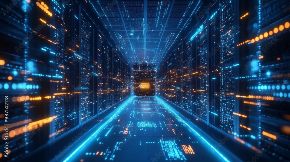 Futuristic data center with glowing lines and digital effects, showcasing advanced technology and modern infrastructure. Futuristic data center with glowing lines and digital effects, showcasing advanced technology and modern infrastructure.