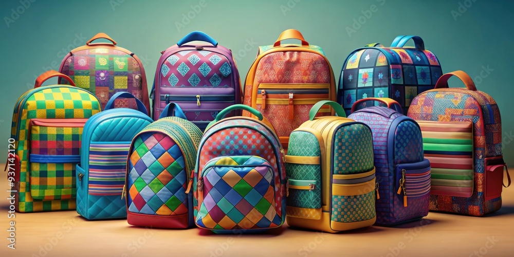 Colorful collection of backpacks with unique designs in a render on background, backpack, colorful, collection, designs Colorful collection of backpacks with unique designs in a render on background, backpack, colorful, collection, designs