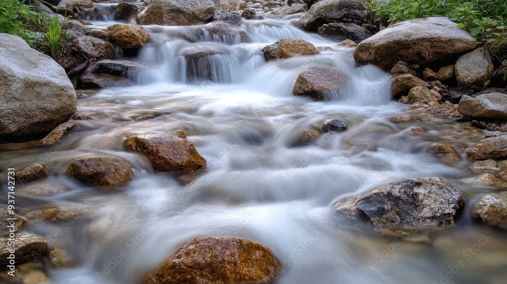 Gentle stream cascading over rocks in a South Asian landscape, with room for text. Gentle stream cascading over rocks in a South Asian landscape, with room for text.