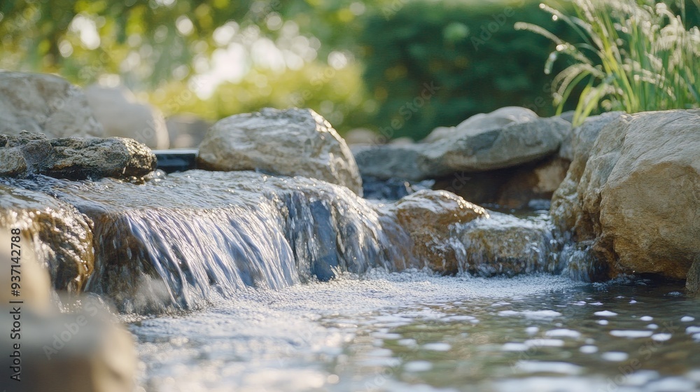 Obraz premium Gentle stream cascading over rocks in a South Asian landscape, with room for text.