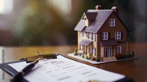 A model house next to a clipboard and pen, representing home buying, real estate, and property management concepts.