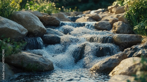 Gentle stream cascading over rocks in a South Asian landscape, with room for text.