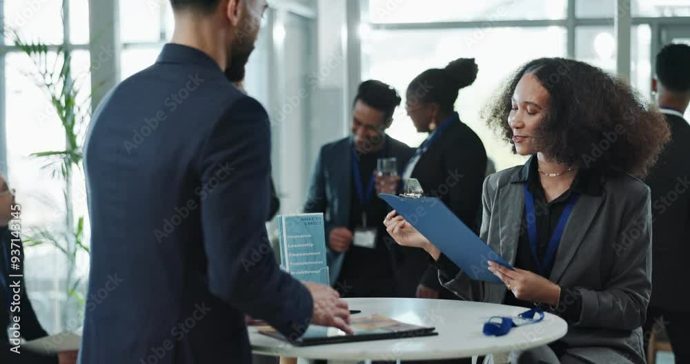 Business people, check in desk and service at conference, clipboard and conversation in modern office. Group, crowd and employee with person, communication and workshop for innovation, event and help