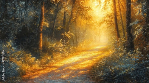 A serene forest path illuminated by golden sunlight, surrounded by lush greenery and tranquil beauty.