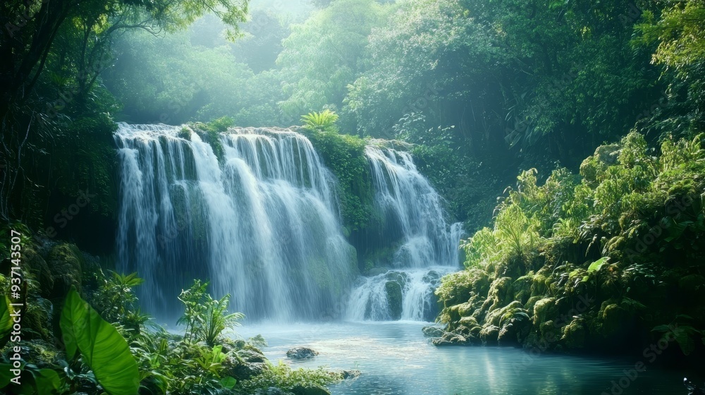A tranquil waterfall cascades through a lush green forest, creating a serene atmosphere and inviting nature's beauty. A tranquil waterfall cascades through a lush green forest, creating a serene atmosphere and inviting nature's beauty.